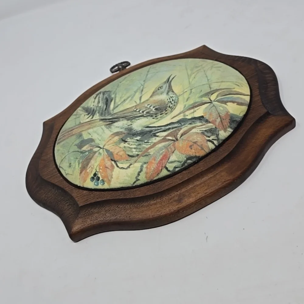Vtg beaded glass dome 1960 floral wall art wood bird‎ farmhouse cottagecore